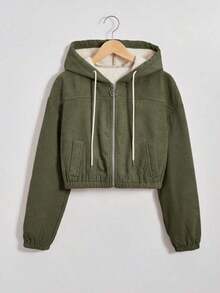 Chaqueta con capucha de manga larga con forro térmico de unicolor para mujer, otoño/invierno - Verde militar - Ver 3