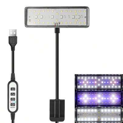 Luz LED de acuario USB, brillo y iluminación ajustables, temporizador, rotación de 360°, espectro completo para el crecimiento de plantas acuáticas