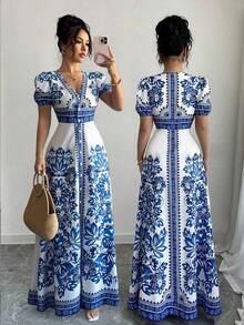 Elenzya Nuevo diseño de vestido midi elegante con estampado floral posicionado, escote en V, mangas abullonadas y cintura ceñida, en un estilo sofisticado y favorecedor al Body con inspiración del Medio Oriente, en colores azul y blanco tejidos - Azul y blanco - Ver 8