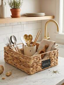 1pc Wicker Woven Storage Basket With Built-In Handle, Rattan Woven Organizer Basket For Shelves, Room Decor, Home Organization And Storage - Apricot - View 5