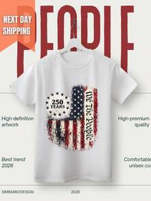 US 250th Anniversary T-Shirt, "250 Years We The People" T-Shirt, 4th Of July Graphic Tee. Unisex 220g Pure Cotton T-Shirt. Ideal Weight For All Seasons, Suitable For Both Men And Women. Durable, High-Quality Fabric, Soft To The Touch And Long-Lasting. Breathable Top. Suitable For Women's Spring And Summer, Holidays, Mother's Day, And Independence Day. - 白色 - 查看 1
