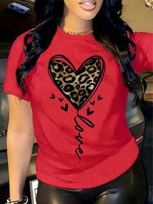 Vintage Camiseta casual para mujer estilo cute, estampado de corazón animal print con letras, tejido suave, color liso, ajuste regular, cuello redondo, manga corta, primavera verano, uso diario, camisetaFashion 100% Cotton - Rojo - Ver 1