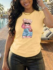 Camiseta oversize color café para mujer con estampado de oso de moda Playera holgada de cuello redondo con diseño de oso rosa con gafas Camiseta casual de manga corta con oso de moda, estilo chic y juvenil - YH484-Amarillo - Ver 1