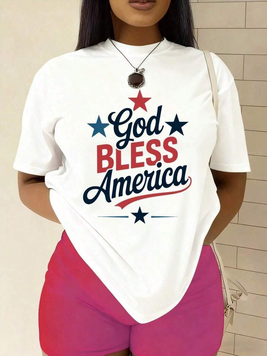 Camiseta Vintage para Mujer con Estampado Cristiano "God Bless America" - 100% 180GSM Blanca con Diseño Patriótico de Estrellas y Rayas Rojas, Blancas y Azules con Letras, Cuello Redondo Casual y Manga Corta, Adecuada para el 4 de Julio, Ropa Casual y de Fe - Moda Cristiana y Orgullo - Blanco - Ver 1