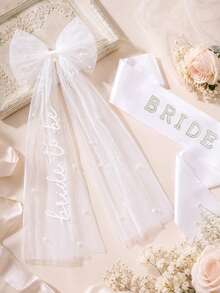 2pcs/Set Bridal Veil & Sash Set, White Veil With "Bride" Letter & Pearl Decor, Suitable For Bridesmaid Party, Bridal Shower, Wedding Photography, Bridal Accessories, Wedding Party Decor, Robe Accessories, Wedding Entrance Decor. Suitable For Bachelorette Party, Bridal Shower Gift, Wedding Decor, Pre-Wedding Party And Wedding Photography. - White - View 9