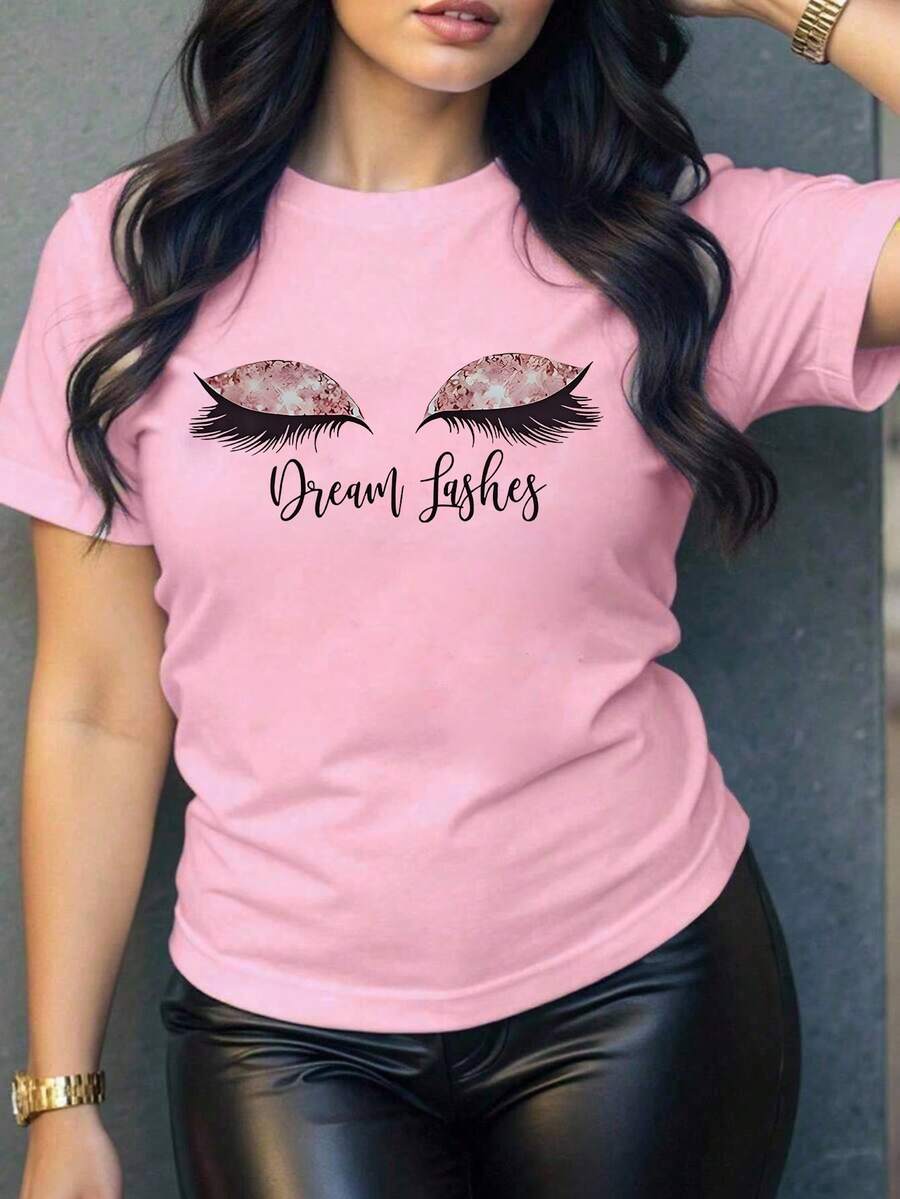 Camiseta oversize rosa de verano para mujer con frase "Love You Cherry Much" y cerezas Playera holgada de cuello redondo con diseño de texto estampado y cerezas - YH487-Rosa - Ver 1
