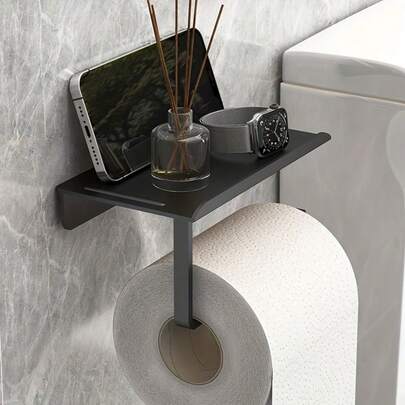 1pc Simple Wall-Mounted Toilet Paper Holder, No Drill Required, Adhesive Installation, Hotel Toilet Paper Holder, ABS Material, Suitable For Kitchens And Bathrooms, Tissue Storage Rack, Top Storage Shelf Available. Bathroom Tissue Holder, Toilet Paper Box, No Drill Required, Wall-Mounted Facial Towel And Tissue Storage Rack.
