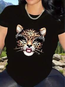 Lightweight And Durable Short-Sleeved T-Shirt With A Leopard Print Design, Made From Durable Fabric. Perfect For Casual Outings To Restaurants Or Lounges, It Features A  Animal Graphic And Offers A Comfortable Fit. - 黑色 - 查看 2
