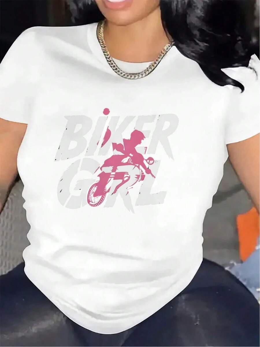 Polyester Short Sleeve T-Shirt With Motorcycle Design, For Outdoor Activities, Durable And Comfortable, Pink Graphic Color, Perfect For Casual Wear In Bars Or Clubs, Lightweight And Breathable Fabric - 白色 - 查看 1