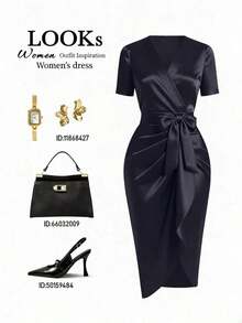 Raffinéa Vestido de mujer de satén con escote en V en color rojo picante, con volantes asimétricos en el bajo y mangas cortas, adecuado para uso diario elegante, salidas glamorosas y citas románticas - azul real - Ver 5