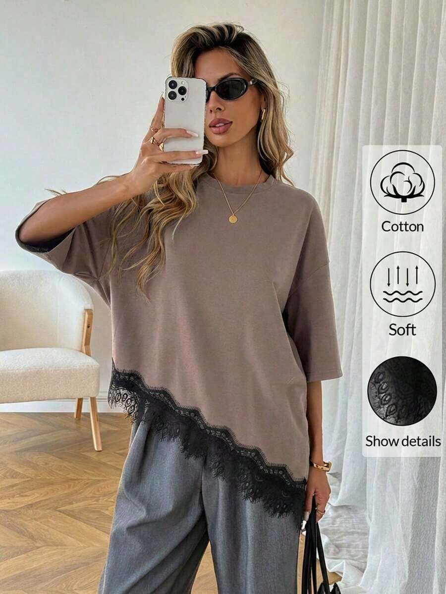 Camiseta casual de mujer con dobladillo asimétrico de encaje de unicolor, uso básico diario, blusa casual de primavera/verano para vacaciones de mujer, vacaciones de verano para mujer, primavera para mujer, vacaciones de primavera, top para ir - Púrpura polvoriento - Ver 1