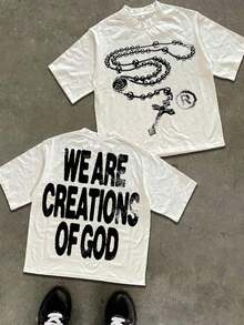 Y2K Urban Style T-Shirt With Religious Theme And The Slogan 'We Are Creations Of God' (220g Cotton T-Shirt) Printed T-Shirts, Unisex Cotton T-Shirts, Casual And Comfortable To Wear, Men's T-Shirt Ideal For Both Casual Outings And Relaxing At Home, Fun T-Shirts. - 白色 - 查看 12