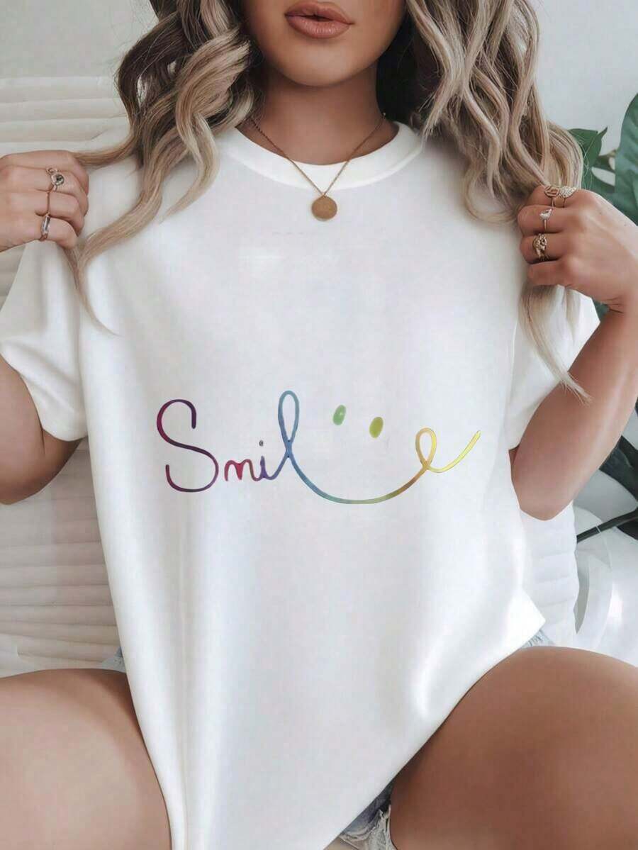 Women's Vintage Style Short Sleeve Casual T-Shirt - Rainbow Smile Design, Round Neck, Summer Top, Machine Washable, Ladies' T-Shirts, Casual Wear, Modern Style, Comfortable Fit
BlackFashion - 白色 - 查看 1