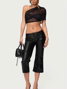 Women's Mesh Sheer One Shoulder Crop Top Ruched Asymmetrical Short Sleeve Bodycon Bra Top Going Out See-Through Layered Top - Black - View 1