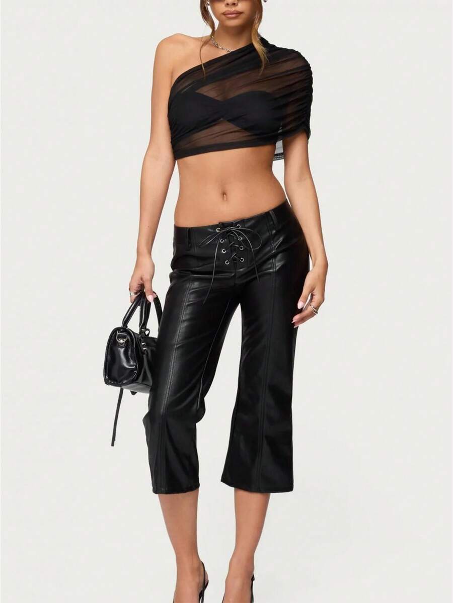 Women's Mesh Sheer One Shoulder Crop Top Ruched Asymmetrical Short Sleeve Bodycon Bra Top Going Out See-Through Layered Top - Black - View 1
