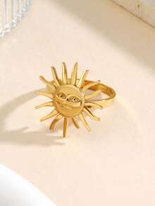 1 pieza Anillo abierto minimalista con forma de sol, chapado en oro de 18K de acero inoxidable, adecuado para uso diario, fiestas y eventos de mujeres - Dorado - Ver 3