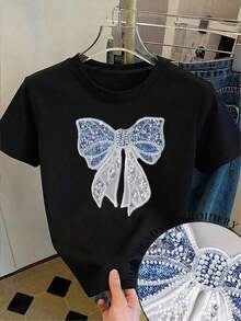 Plus Size Vintage Loose Fit T-Shirt With Embroidered Applique Print - Women's Spring/Summer Fashion, Unique, Sweet And Youthful Design, 3D Print With Pearl And Sequin Bow, Round Neck, Short Sleeve, Casual Loose Fit T-Shirt, Versatile For Everyday Wear, Flat Heat Transfer Printing With 3D Effect And For Dates, Urban Style For Daily Use, Machine Washable, Flat Heat Transfer Printing And Stamping With 3D Effects. - 黑色 - 查看 7