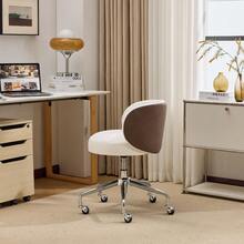 Cute Small Swivel Desk Chair Comfy With Wheels,Ergonomic Low-Back Lumbar Support Vanity Nail Tech Rolling Task Stool Chair For Home Office,Height Adjustable,PU Leather Silver&Suede Black - 白色PU和卡其色絨面革 - 查看 4