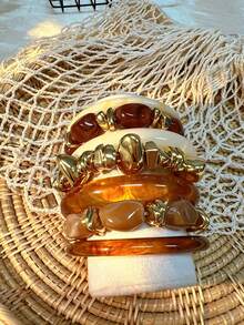 7pcs/Set Vintage Elegant Bohemian Summer Vacation Style Asymmetrical Amber Tiger Eye Beaded Elastic Bracelet Set, Luxury Gradient Resin Bracelets, Versatile Jewelry Accessories Suitable For Women, Beach, Party, Dating, Birthday, Gift - Multicolor - View 3