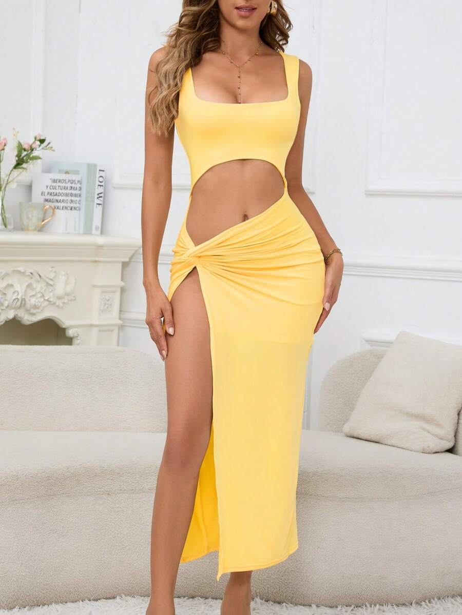 Bestseller Vestido Largo Sensual Sin Tirantes Diseño Hueco Color Solido - Amarillo - Ver 1