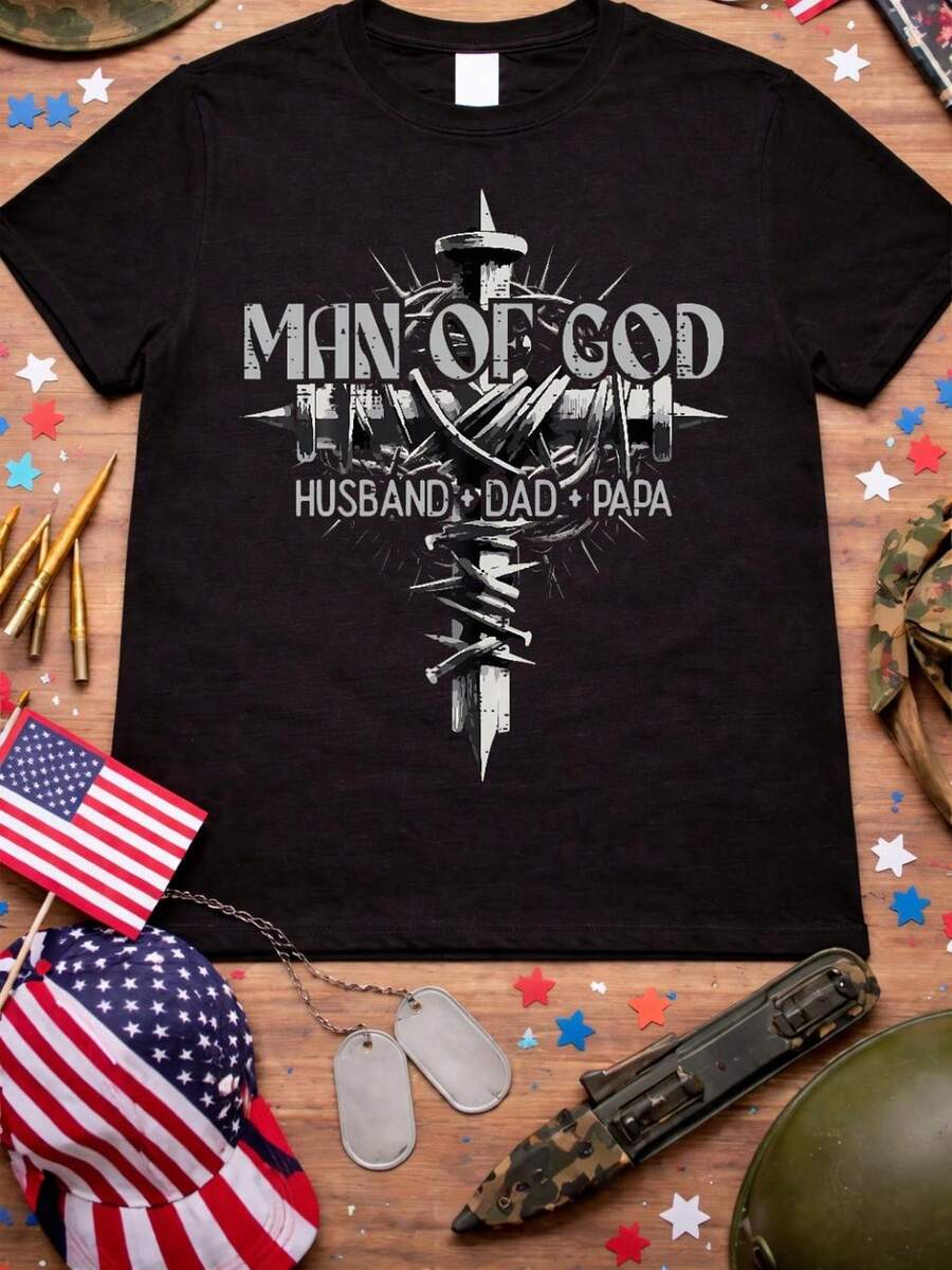 God's Man T-Shirt, Husband, Dad, Father's Day Gift For Men, Religious T-Shirt For Dad, Christian T-Shirt For Dad Of Family And Faith. Unisex 220g Pure Cotton T-Shirt, Ideal Weight For All Seasons, Suitable For Both Men And Women. Durable, High-Quality Fabric, Soft To The Touch And Long-Lasting. Breathable Top. Suitable For Spring And Summer, Holidays, Mother's Day, And Independence Day. - 黑色 - 查看 1
