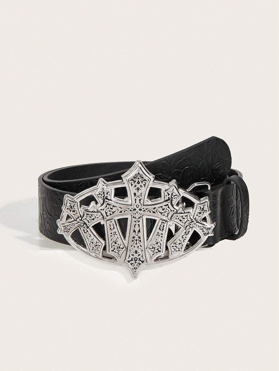 1pc Vintage Alloy Buckle Printed PU Leather Belt, Suitable For Western Cowgirl Style - Black - View 1
