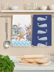 2pcs Whale & Shell Pattern Kitchen Towels, Watercolor Ocean Style Dish Cloths, Suitable For Farmhouse Kitchen & Home Decor - Blue - View 7
