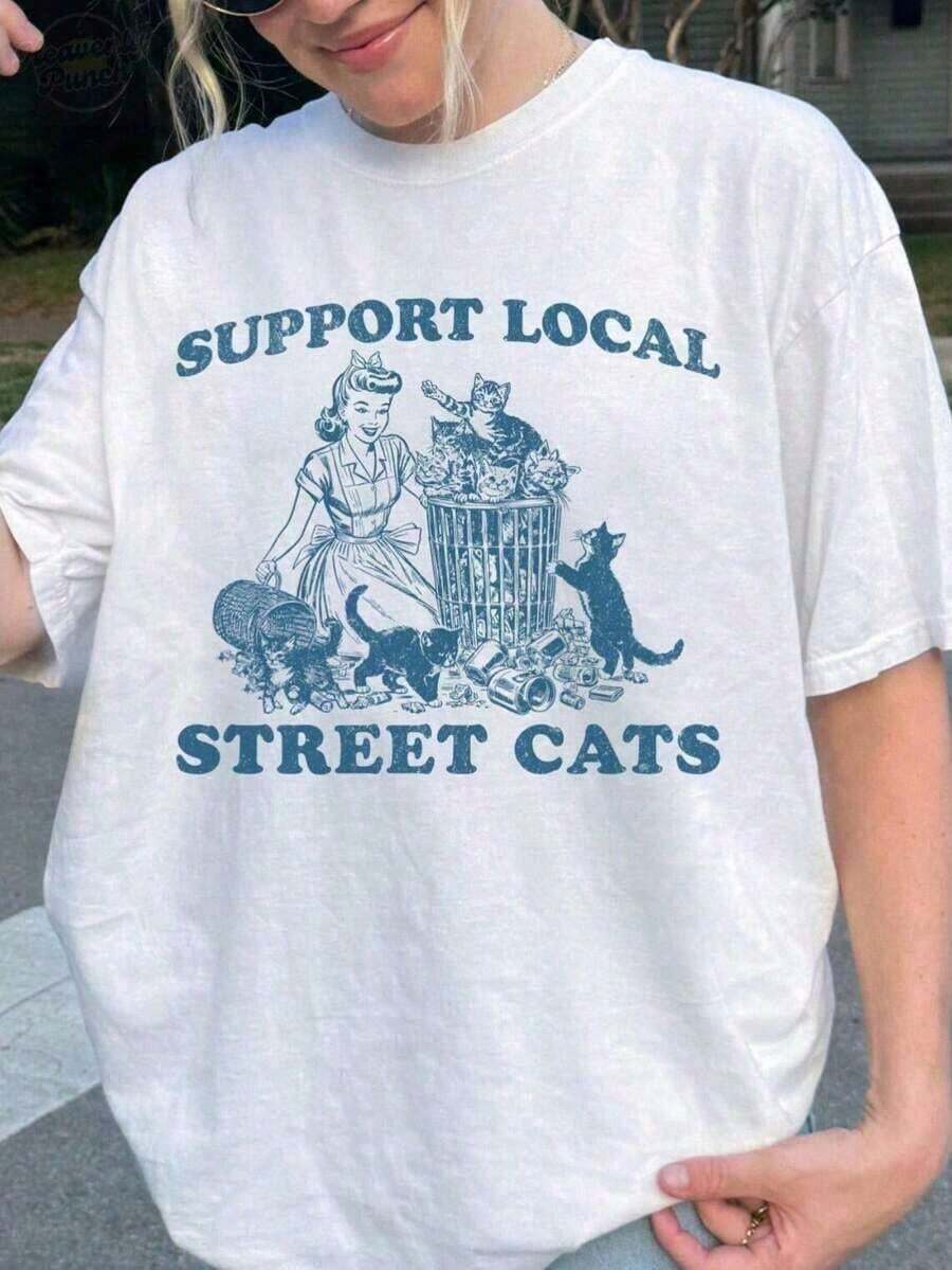 ropa de mujer NUEVA Camiseta para amantes de los gatos callejeros, Camiseta Y2k para mujer, adolescente y niña, Camiseta con estampado vintage, Camiseta divertida y linda con estampado gráfico y letras, Cuello redondo, Camiseta de verano moderna y genial de manga corta, Estampado de animales, frutas y mascotas, Camiseta gráfica para mujer, Regalos, Ropa de mujer, Estampado de dibujos animados y letras, Material de algodón cómodo, Agradable para la piel, Suave y fresco, Camiseta de verano para mujer, Ropa de verano, Camiseta casual estampada de manga corta con cuello redondo para mujer | Pascua y Día de San Patricio, Día de la Independencia, camisas de mujer - Blanco - Ver 1
