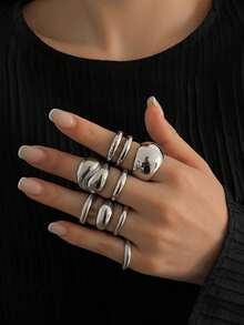 9pcs/Set Thick Waterproof Dome Rings Set For Teenagers, Low-Allergy Gold-Plated Stackable Rings, Fashionable Geometric Design Jewelry, Suitable For Daily Wear And Parties - 9pcs - View 4