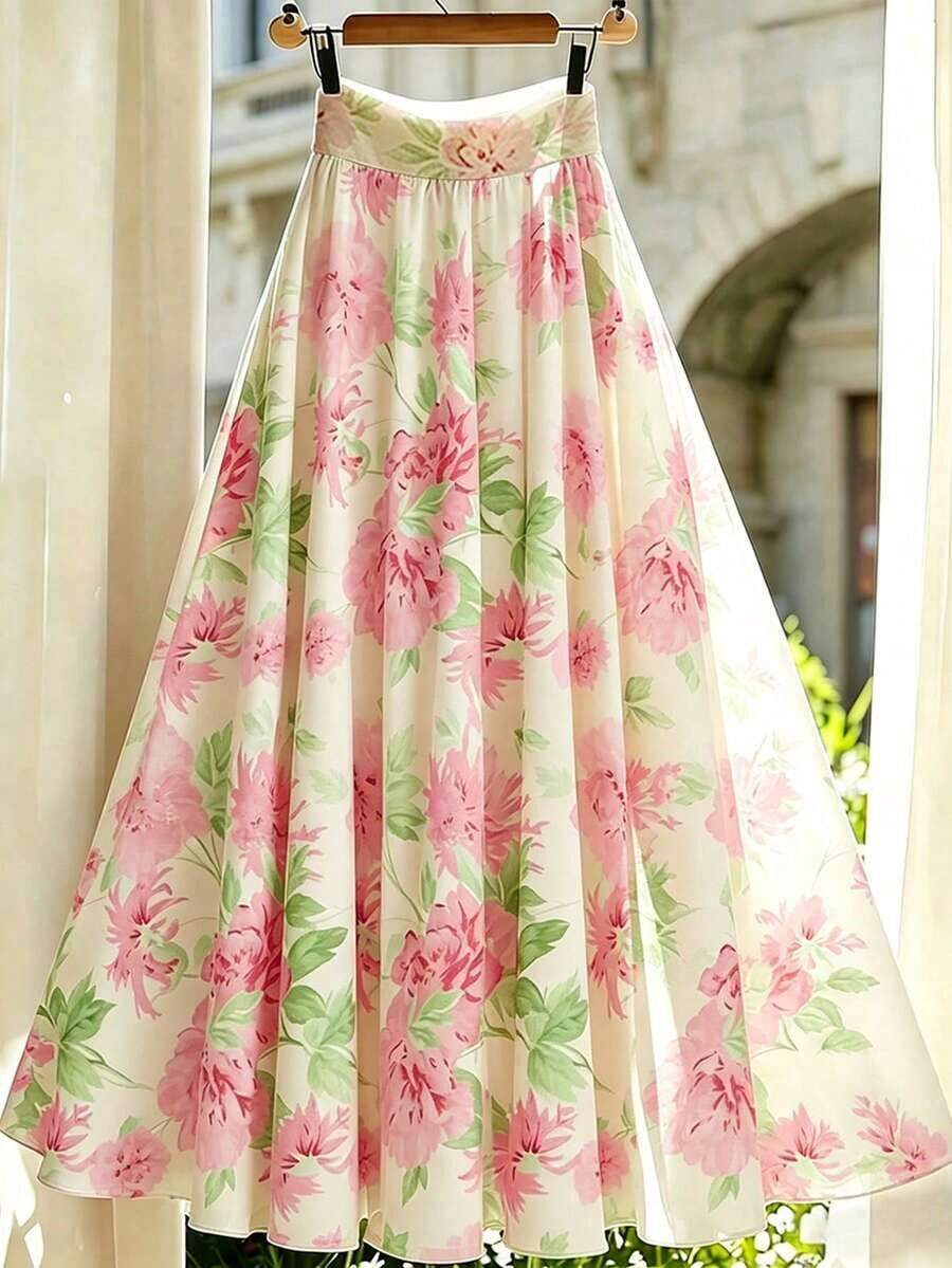 Falda de línea A floral elegante para mujer, de verano - verde menta - Ver 1