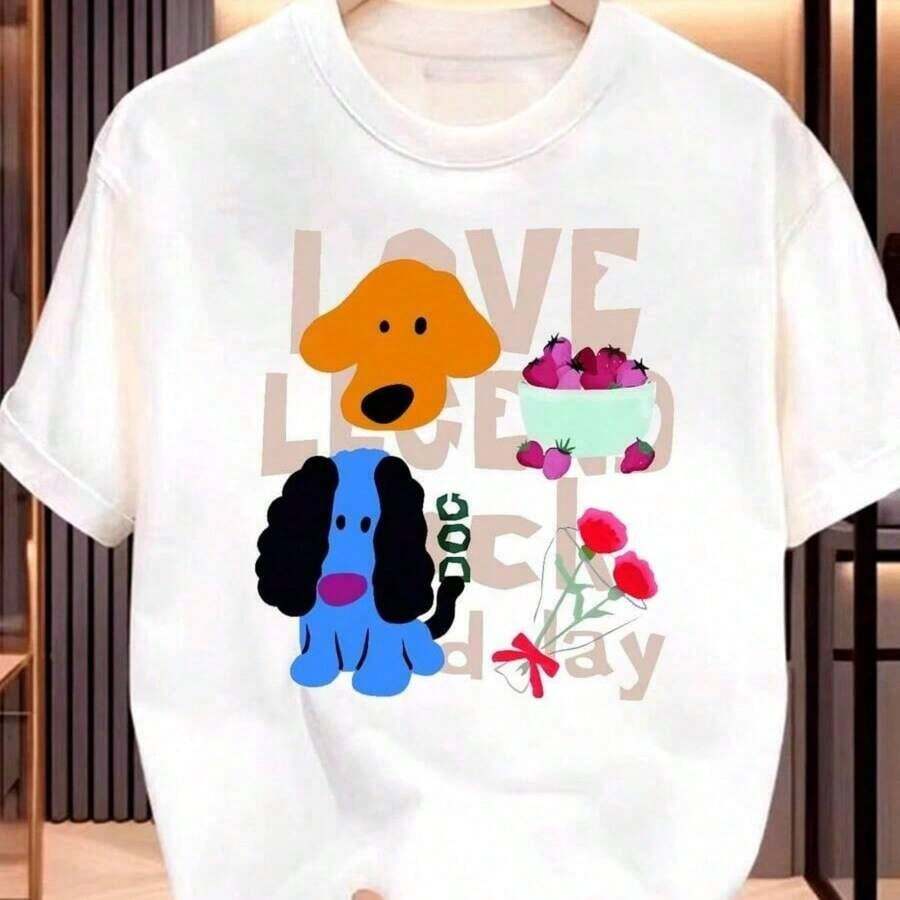 Vintage Casual Short Sleeve T-Shirt 2026 - Cartoon Dog And Fruit Print With LOVE LUCK DAY Pattern 100% Cotton Regular Fit Size S (1) Fashionable, Cool And Comfortable Women's T-Shirt - 白色 - 查看 1