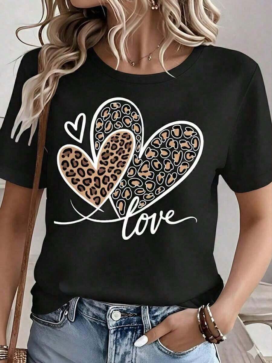 Women's White T-Shirt With Three Leopard Hearts, Short Sleeve T-Shirt With "Love" Slogan, Chic Animal Print Top, Casual Urban Fashion Blouse For Everyday Wear, Pretty Blouses, 100% Cotton - 黑色 - 查看 1