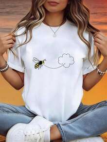 Una camiseta de manga corta para mujer, moderna, casual y cómoda, de corte holgado, adecuada para actividades al aire libre en primavera y verano. Camiseta de verano para mujer, casual, de manga corta, con estampado de abejas y nubes, transpirable y ligera para actividades al aire libre en verano. Camiseta de verano para mujer, top casual para mujer. blusas para mujer,blusas casuales para dama,tops,, mujer premium,y2k,playeras de mujer curvy,ofertas y liquidaciones ropa mujer,playeras deportivas para mujer,,playeras de hombre, mujer,blusas>elegante SZ3L Blusas Bonito 100% Cotton - Blanco - Ver 8