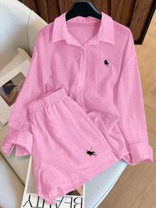Conjunto de camisa de manga larga a rayas de un solo pecho y pantalones cortos versátiles de estilo vintage casual - Rosa - Ver 1