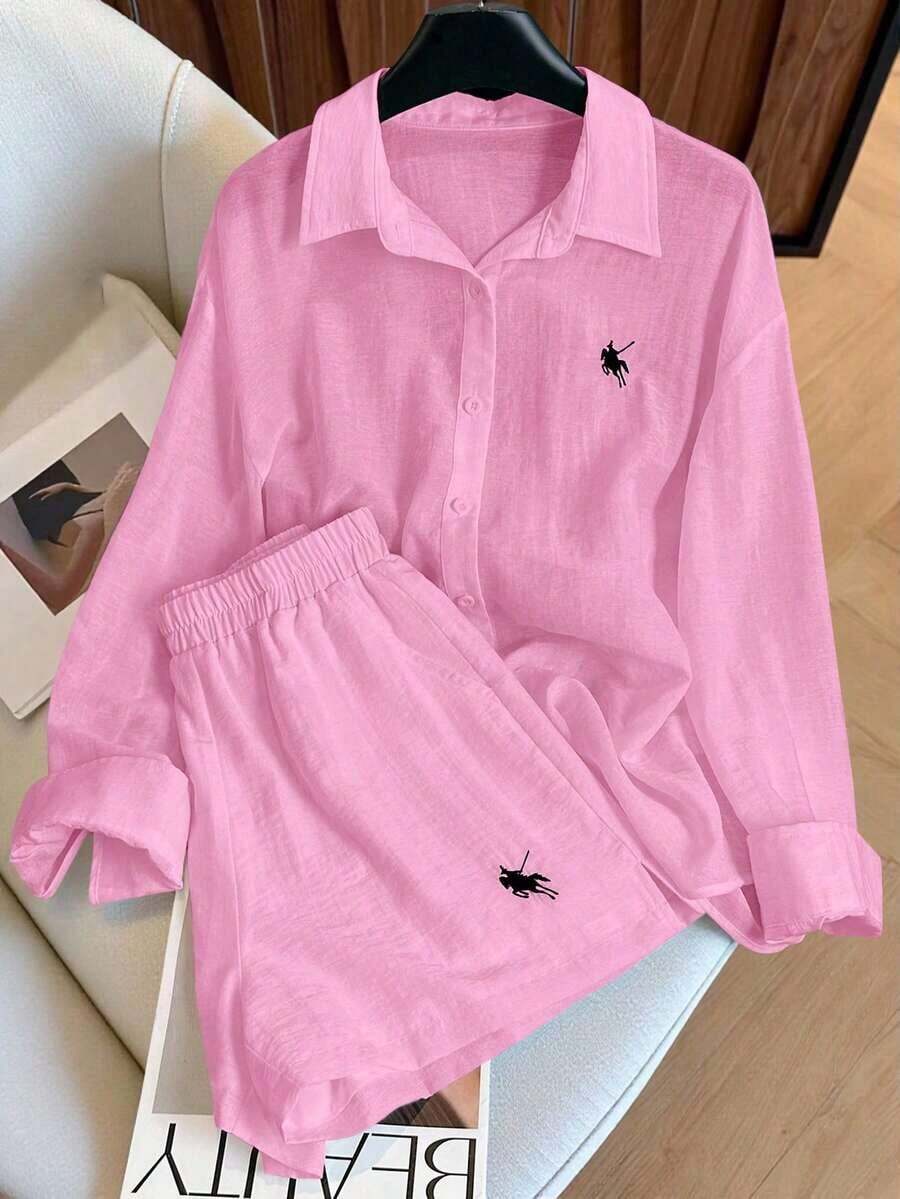 Conjunto de camisa de manga larga a rayas de un solo pecho y pantalones cortos versátiles de estilo vintage casual - Rosa - Ver 1