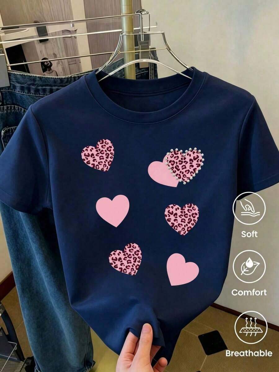 Camiseta de manga corta de moda para primavera y verano de 2026, hecha en México, 180 gramos. Estampado de dibujos animados, modelo de pareja, apta para uso interior o exterior. Cuello redondo, unisex, ideal para oficina y ocio. Paquete de una pieza. - Azul oscuro - Ver 1