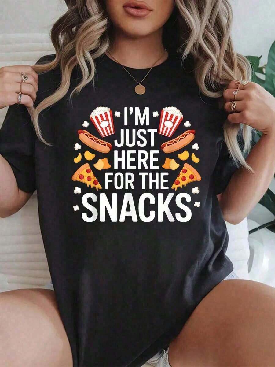 NewSummerCasual1 pieza, 100% algodón, camiseta divertida para amantes de la comida "I'Just Here The Snacks", camiseta gráfica para mujer, estampado de algodón, manga corta, top casual de verano, camisetas para mujer, 180g, 100% algodón, todos los diseños están impresos. Unisexo.-Camiseta de manga corta de algodón holgada de estilo vintage urbano unisex con cuello redondo. - Negro - Ver 1