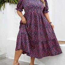CURVE+ Curve Size US22Music Festival, Seaside Vacation, Bohemia Women's Ditsy Floral Round Neck Short Puff Sleeve Casual Dress, Ladies Summer Sundress - Morado - Ver 4