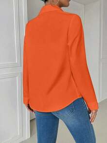 Blusa blanca casual con cuello y bolsillo, de manga larga ajustada para mujeres - Naranja - Ver 2