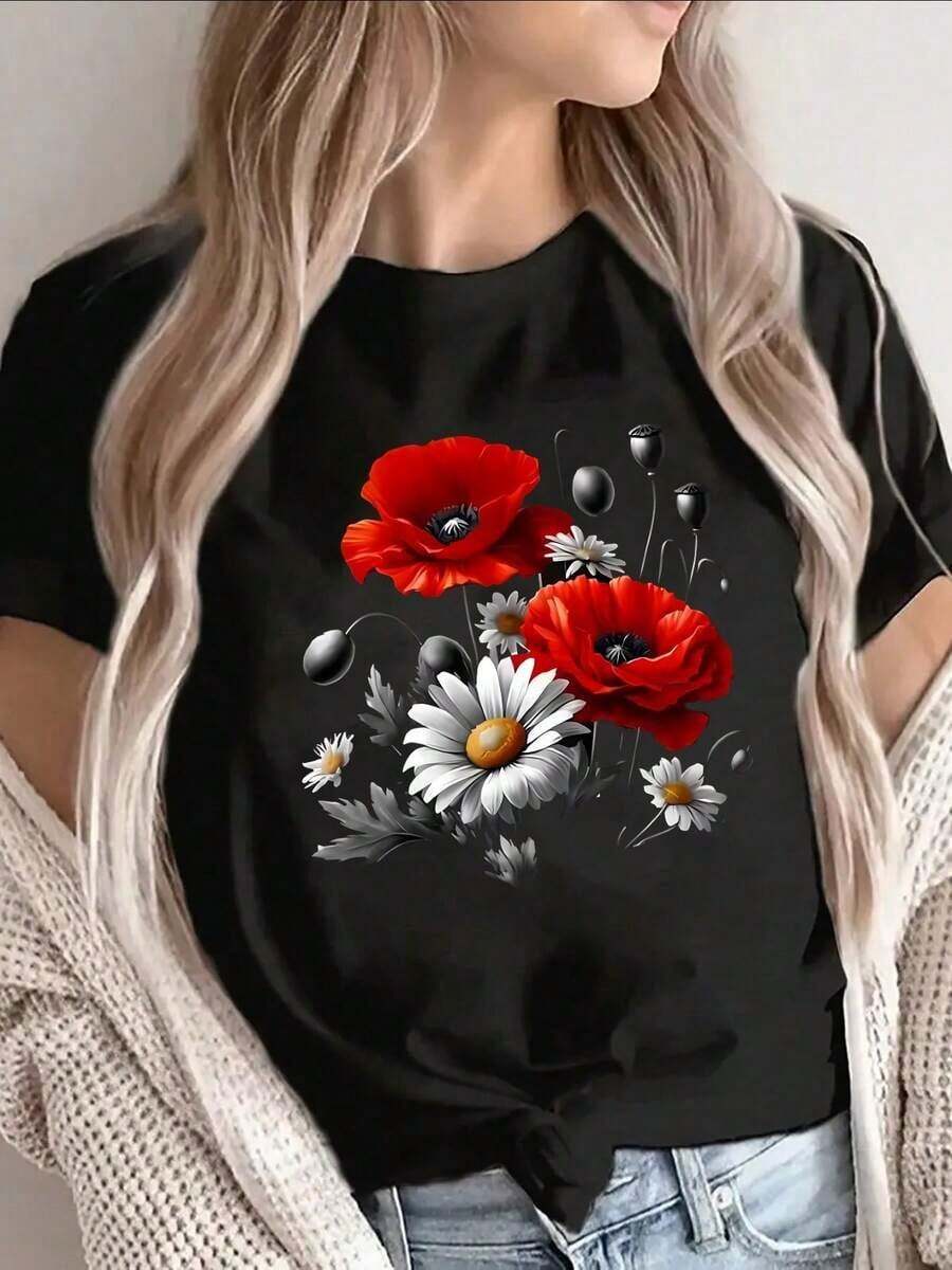 Women's Pure Cotton Summer Short-Sleeved T-Shirt With Poppy And Red Daisy Prints, Lightweight And Durable, Suitable For Home, Restaurant Or Casual Outdoor Use, Soft And Comfortable Fabric For Everyday Wear. - 黑色 - 查看 1