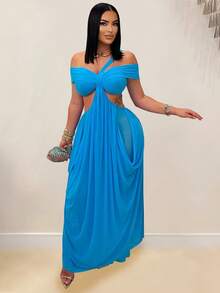 Vestido nuevo de verano para mujer, de moda, sexy, top tubo, corte entallado, unicolor, de tul transparente, diseño francés, favorecedor, perfecto para fiestas, citas y looks de noche - Azul - Ver 2