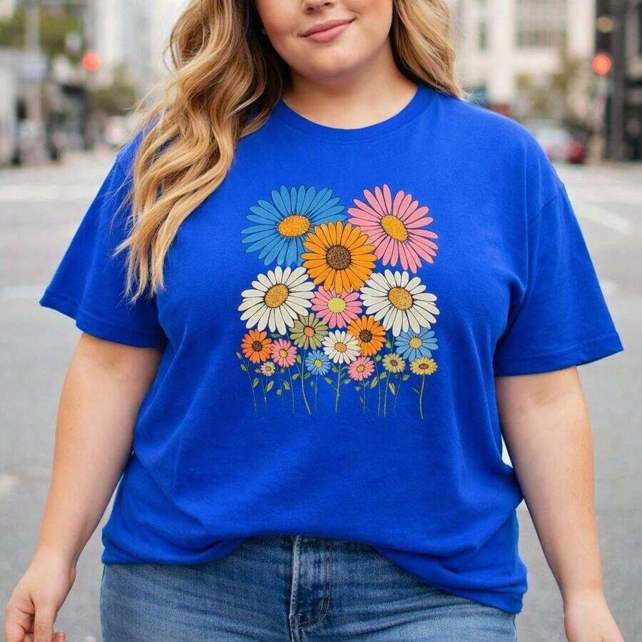 Women's Cotton T-Shirt, Sizes 0XL-5XL, Black, Short Sleeve, Round Neck, With Colorful Daisy Print, Casual Loose Fit Graphic T-Shirt For Summer, Casual Floral Print T-Shirt, Comfortable Basic Cotton T-Shirt For Women. - 藍色 - 查看 1