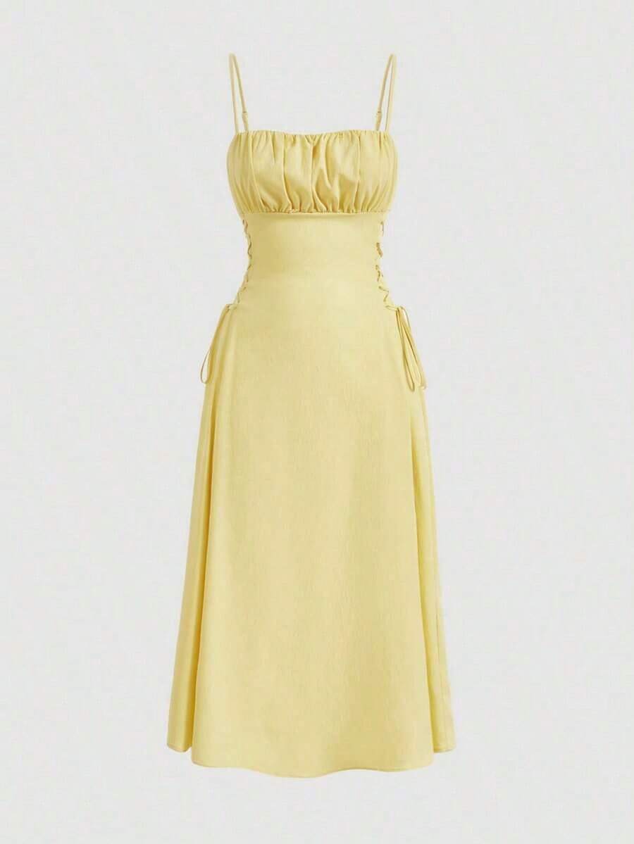 Vestido de tirantes unicolor pecho con fruncido con cordón lateral - Amarillo - Ver 1