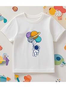 Camiseta cómoda y casual suelta con estampado de globo astronáutico colorido para niños (8-12) - Blanco - Ver 1