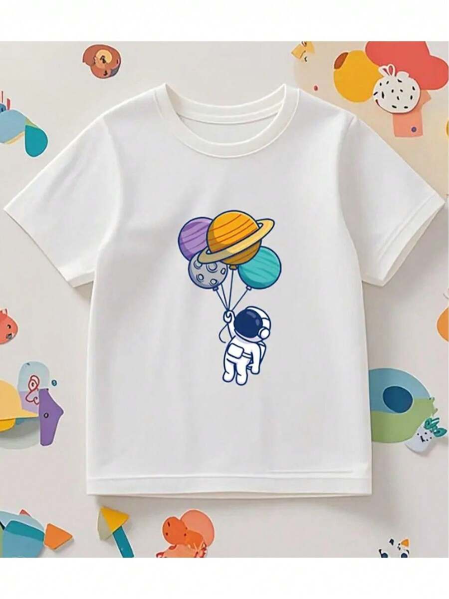 Camiseta cómoda y casual suelta con estampado de globo astronáutico colorido para niños (8-12) - Blanco - Ver 1