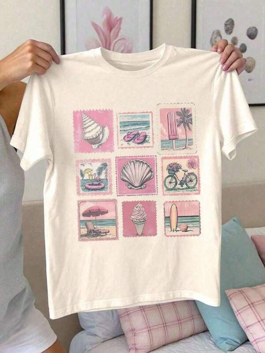 Impresión de letras elegante. Camiseta estampada de manga corta 100% algodón puro, estilo veraniego. Estampados retro, helado de concha, tabla de surf.Camiseta casual estampada de talla grande. Lavable a máquina. Un regalo para familiares, hermanos, amigos, padres o maestros. ,ropa de mujer holgada,un imprescindible para las vacaciones,disfraces y accesorios de Halloween,Camisetas de apoyo al Mundial,Conjuntos a juego para padres e hijos, camisetas para hombre, camisetas para mujer, camisetas para niños - Blanco - Ver 1