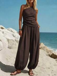 New Women's Summer 2-Piece Set, Minimalist Casual Style, Solid Color, Sleeveless Top, High-Waisted Loose Pants, Flattering, Perfect For Daytime Looks, Walks And Casual Occasions - 棕色 - 查看 3