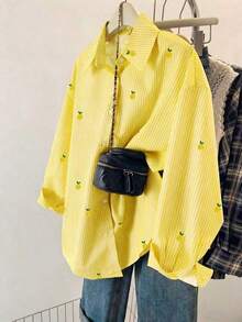 Blusa de mujer, estampado de rayas de limón, diseño fresco y ligero, camisa estilo Ins, blusas de mujer sueltas de manga larga casual de doble uso, regalo para la mejor amiga y la novia, camisa de regalo divertida, nueva blusa de mujer de otoño e i - Multicolor 2 - Ver 1