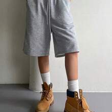 Women's Solid Color Drawstring Waist Pocket Loose Casual Shorts - Gris Claro - Ver 4