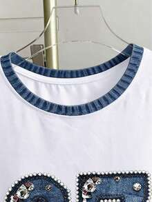 Camiseta de mujer de cuello redondo con estampado de lunares, rayas y corazones - Blanco - Ver 3